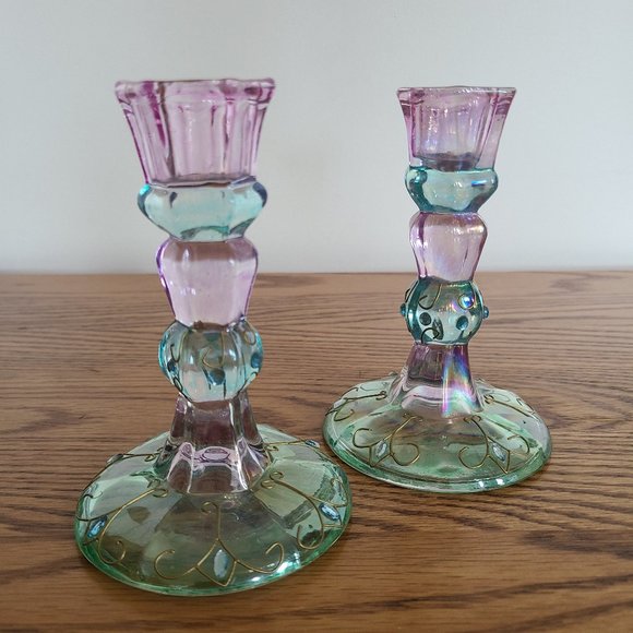 PartyLite Mardi Gras Colorful Tapered Candlestick Holder Pair Set of Two 5" Tall - Picture 3 of 17